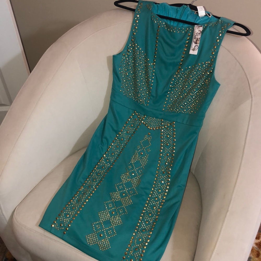 Gold studded turquoise dress - Picture 1 of 7
